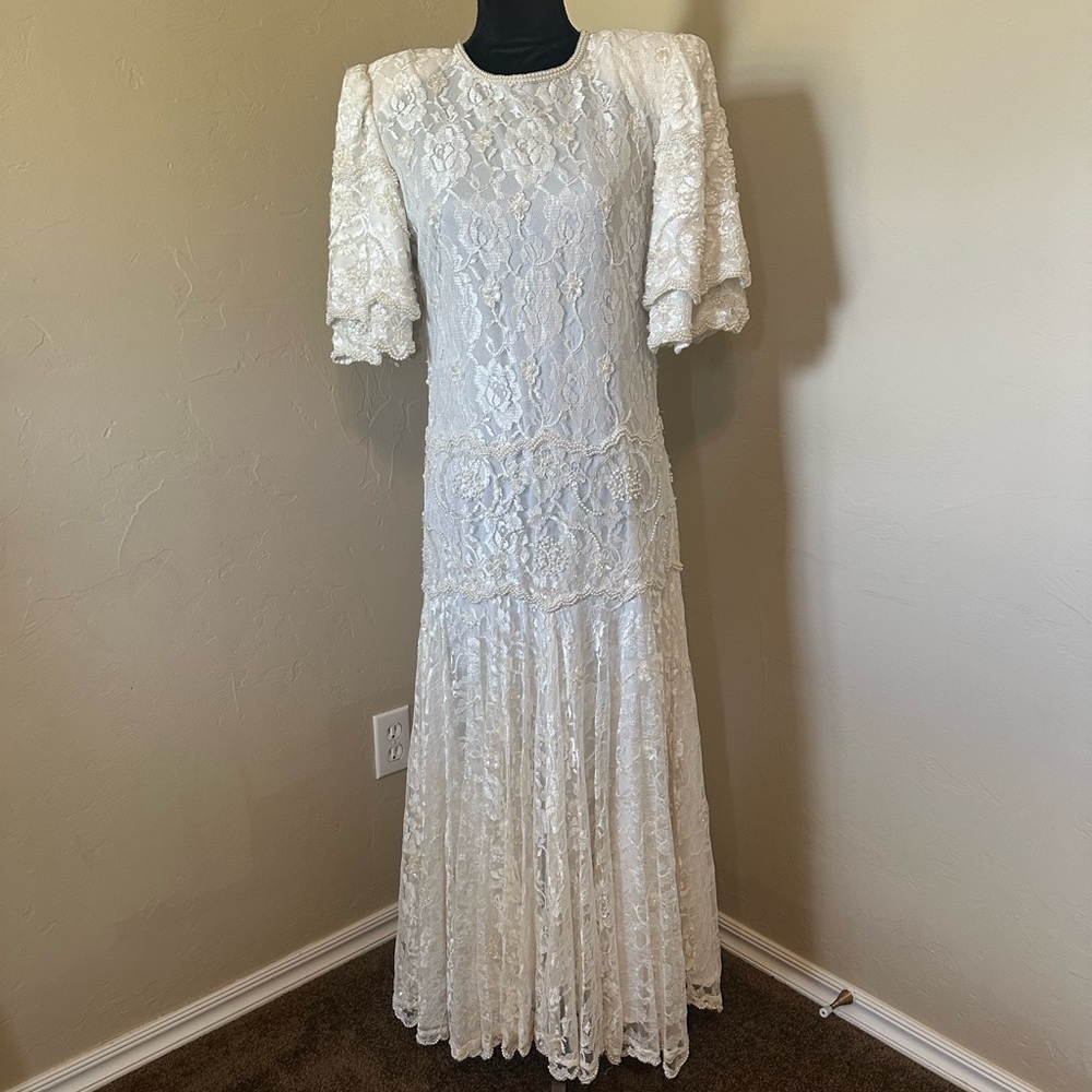 Vintage 1980s Laurence Kazar White Lace Beaded Pearl Wedding Dress Drop Waist